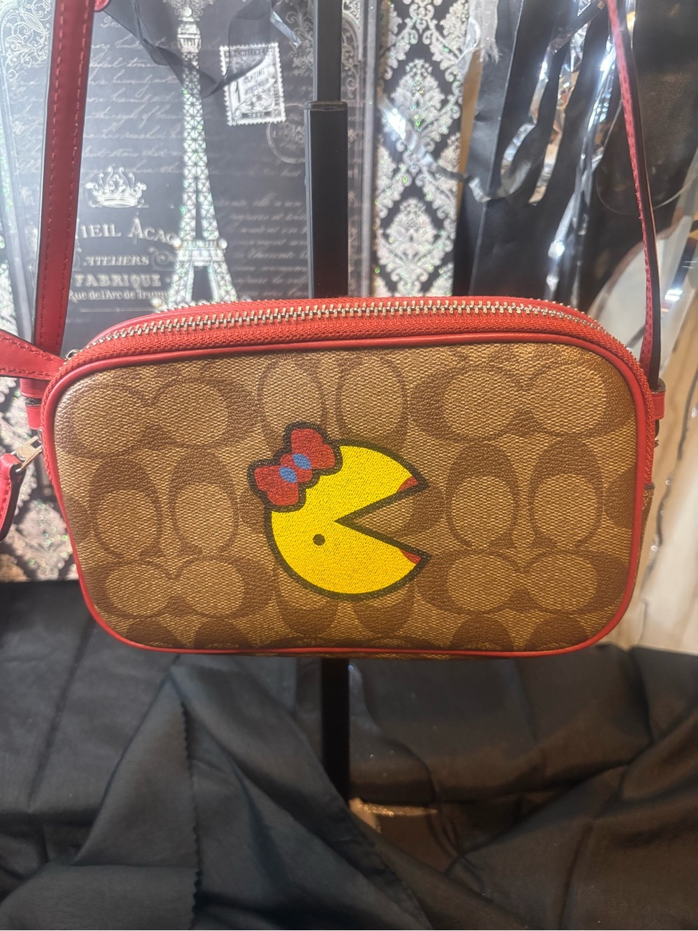 Coach Signature Canvas Red Trim Crossbody with Yellow Mrs PAC-Man